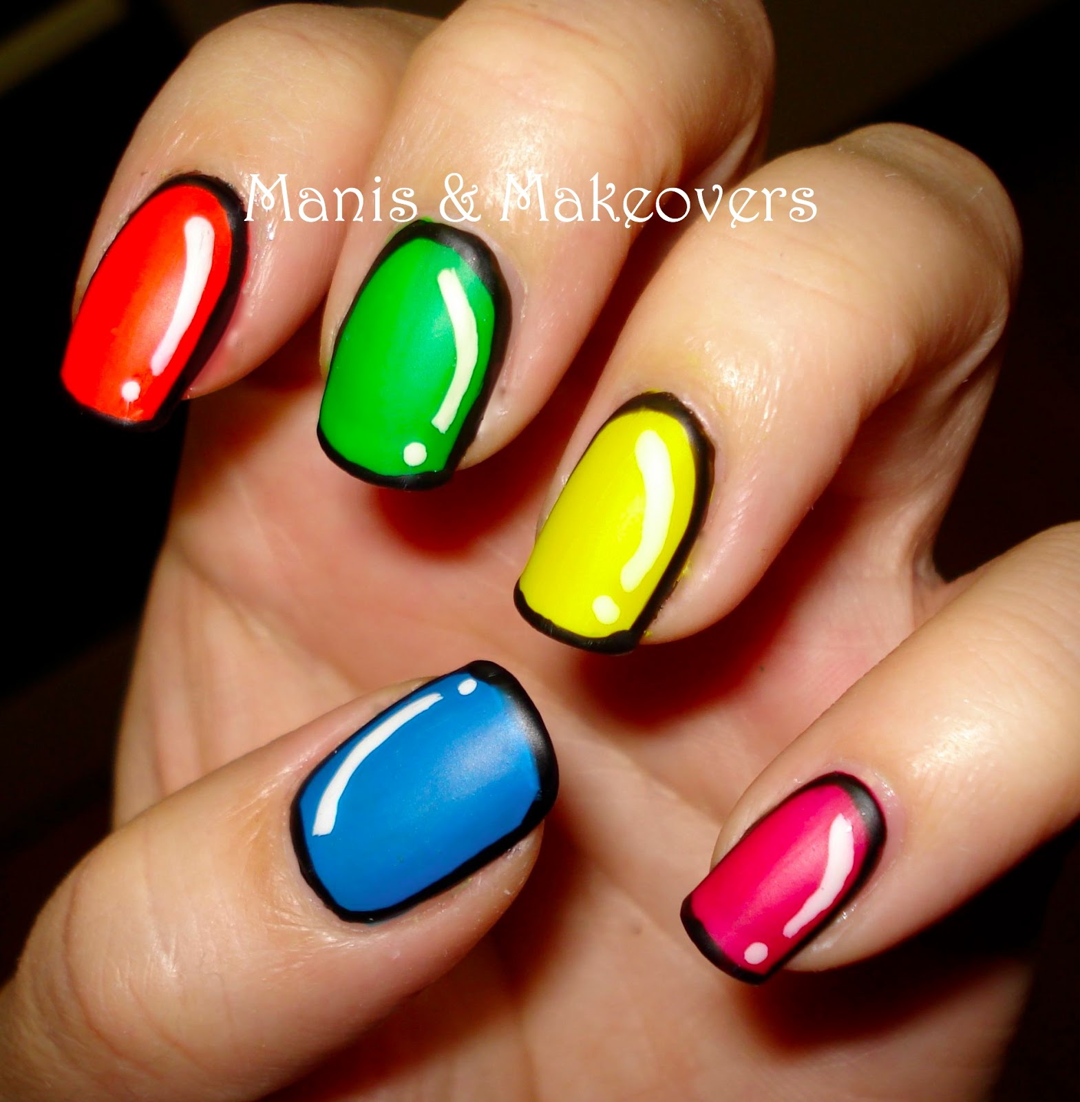 Manis & Makeovers: Neon Cartoon Nails with Esmaltes Fantastic de Vogue