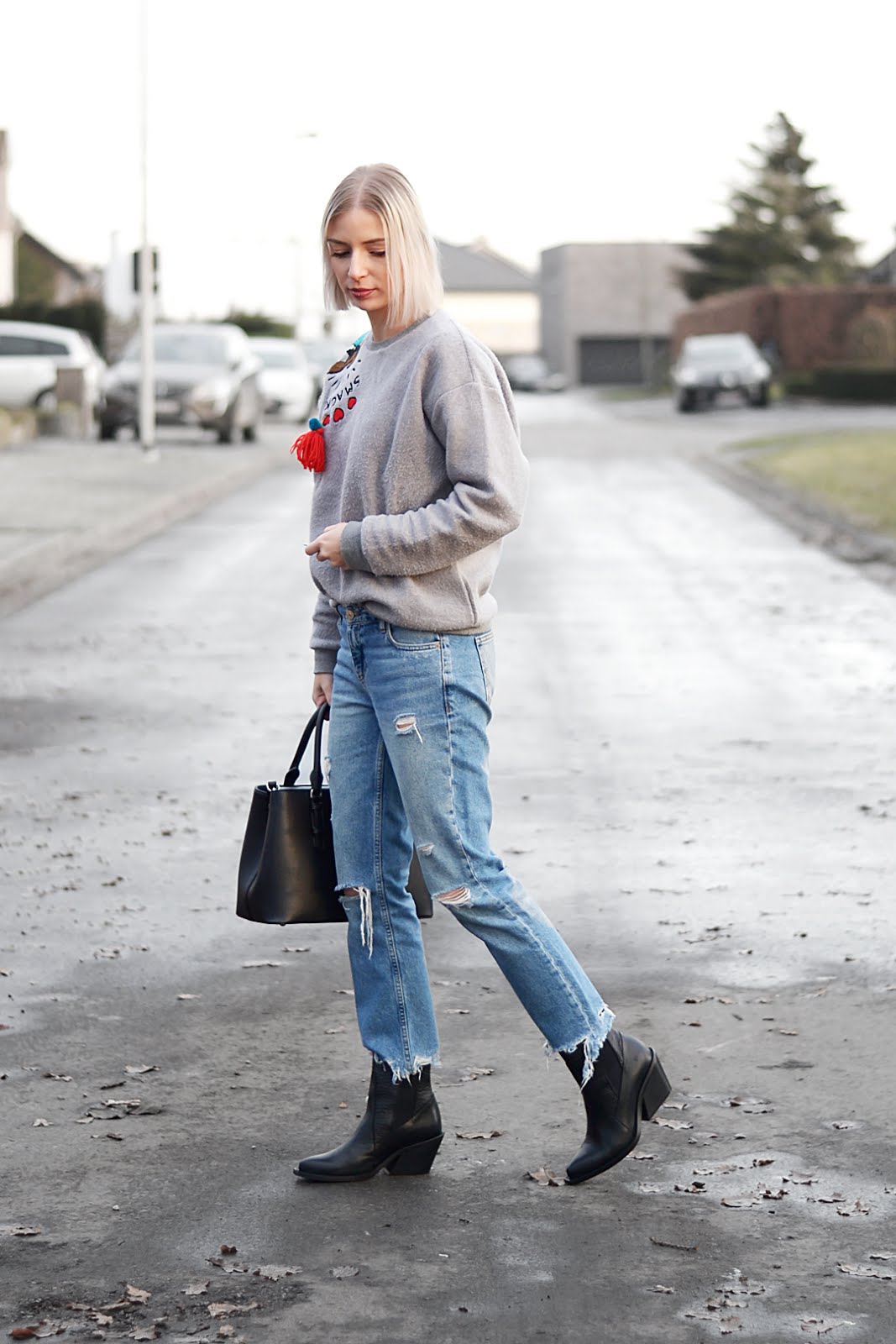 Beauty & bobs sweater, mickey mouse, marc b bag, bald. boots, mango ripped jeans