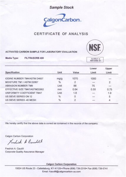 Sertifikat Analisis (COA) Karbon Aktif Calgon FiltraSorb 400