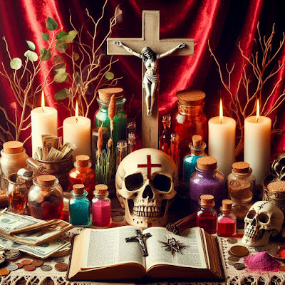 Obeah altar with crucifix, skull, potions, Bible and bush.