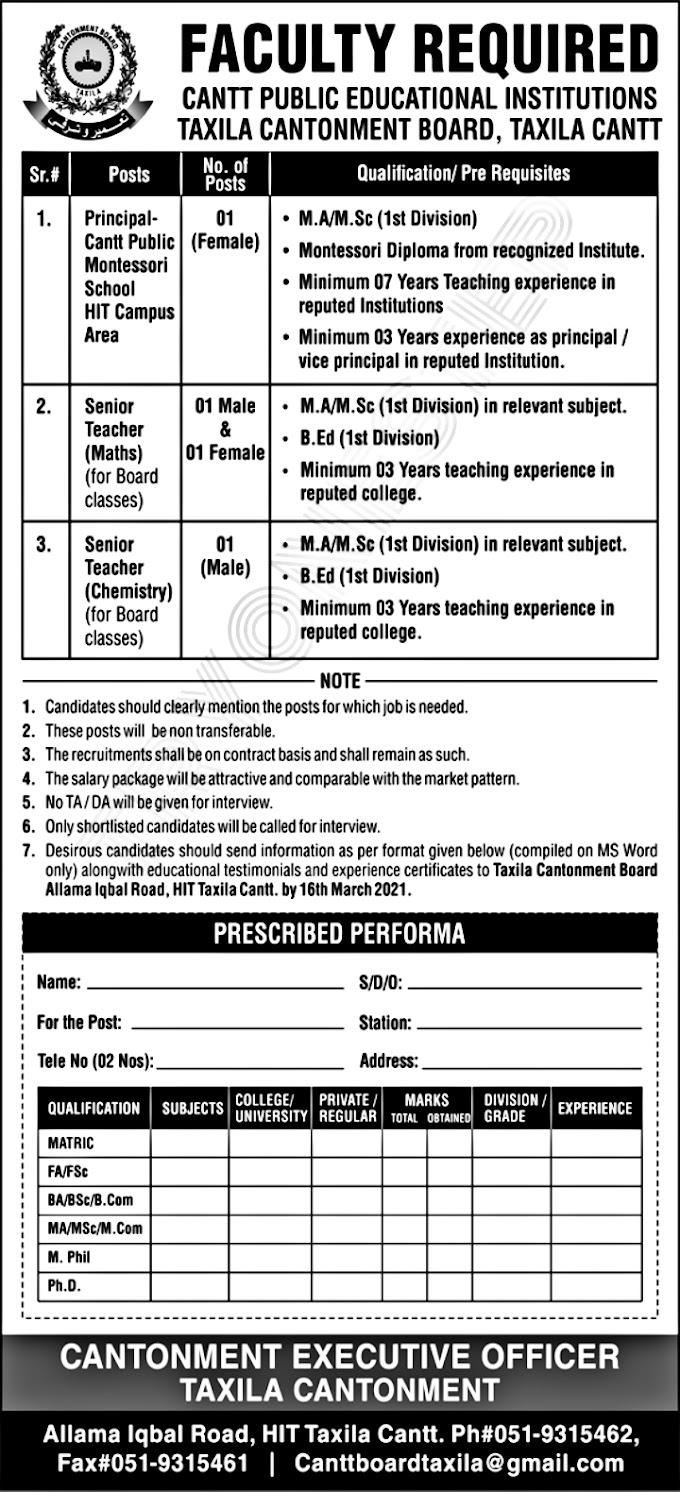 Government jobs in Pakistan 2021 Educational Institutions Taxila Cantt