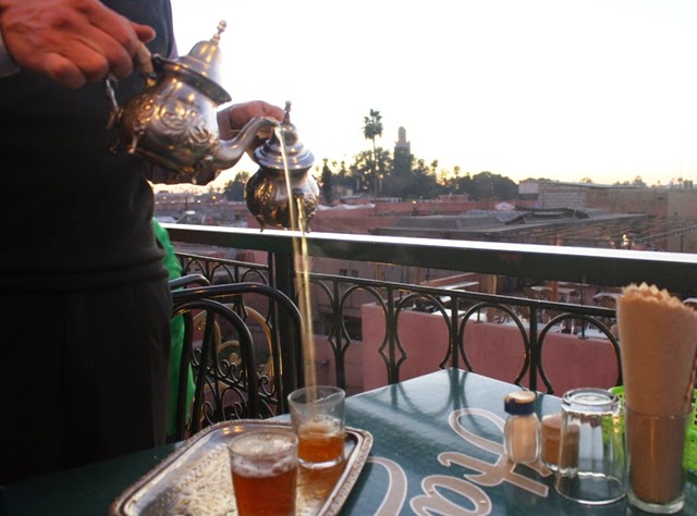 Mint tea in a cafe overlooking Jemaa el Fna square, Marrakech