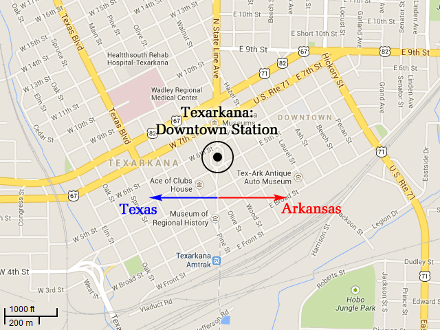 Texarkana downtown map with post office