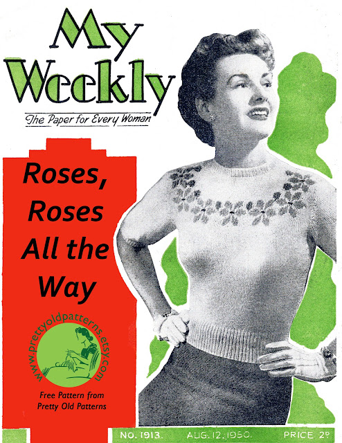 1950 Knitting pattern with woman wearing short sleeved jumper with roses round the neckline