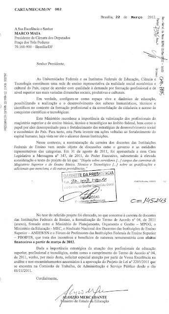 Carta do Ministro da Edução à Câmara dos Deputados em apoio às reinvindicações dos professores universitários