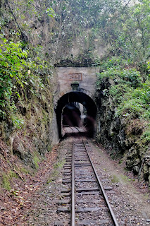 Train tracks leading into a tunnel in Peru.