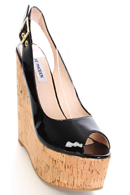 Black Patent Leather Peep Toe Slingback Buckle Cork Wedges