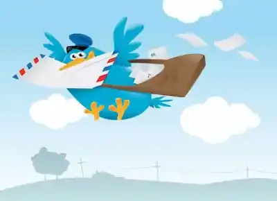 طائر أزرق في زي رجل بريد يحمل شنطة الرسائل وفي منقاره جواب