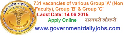 AIIMS DELHI RECRUITMENT 2015 VARIOUS GROUP 'A' 'B' & 'C' 731 POSTS 