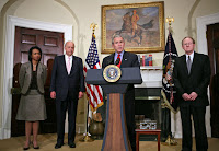 President George W. Bush nominates John Negroponte as Deputy Secretary of State, left, and Vice Admiral Mike McConnell as Director of National Intelligence during an announcement in the Roosevelt Room Friday, Jan. 5, 2007. Secretary of State Condoleezza Rice is pictured at left. White House photo by Paul Morse.