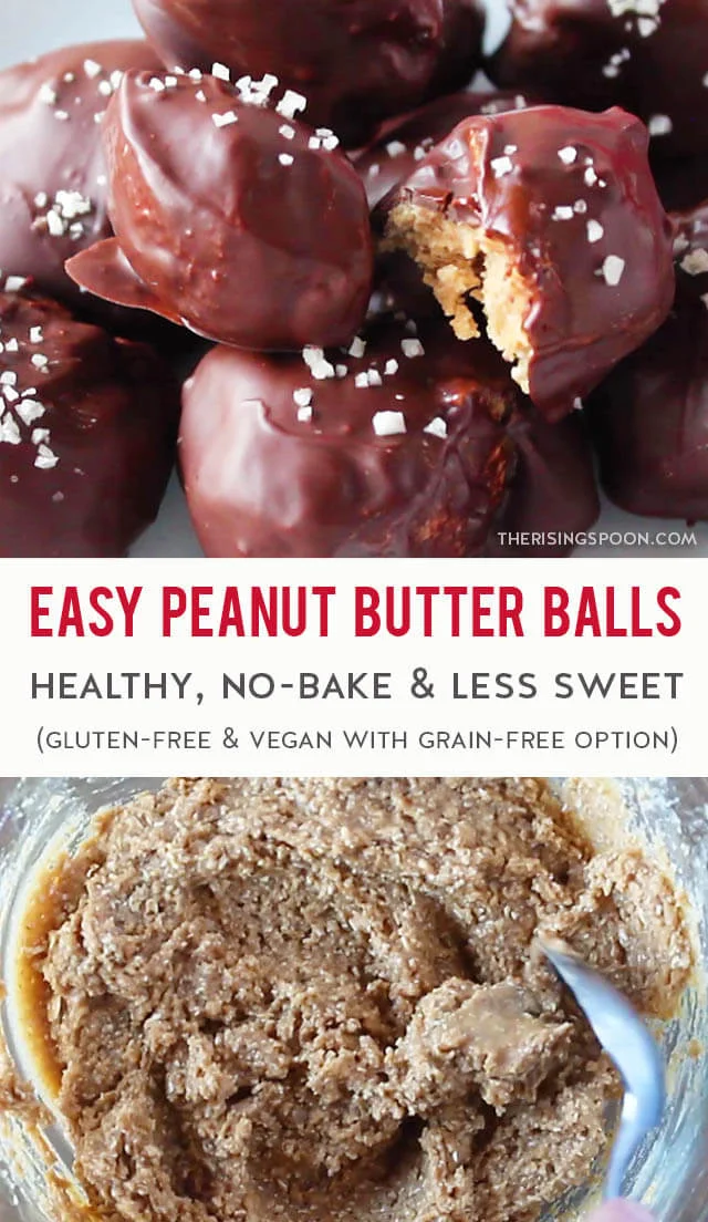 An easy no-bake recipe for healthy peanut butter balls that are sweetened with maple syrup, coated in melted chocolate, then sprinkled with salt. These are just as satisfying as the classic version, but WAY less sweet. I promise you won't miss all that powdered sugar! The best part? You can make them ahead of time and stash them in the freezer until you're ready for dessert. (gluten-free with grain-free option)