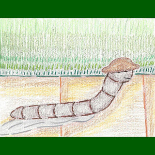 Hand-drawn drawing. A worm on the sidewalk with grass in the background. The worm wears a detective's hat.