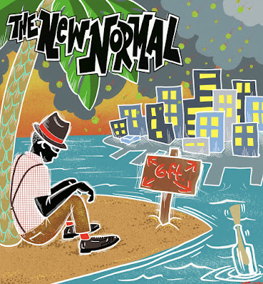 The cover illustration features a man sitting under a palm tree on a desert island. A sign in the sand states that people should keep 6 feet apart, and a message in a bottle floats in the water near the shore. In the distance, a city is visible across the water.