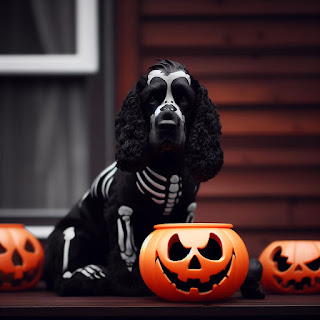 Cartoon character of Boris the Black Cocker Spaniel painted as a skeleton sitting on a deck with three carved pumpkins