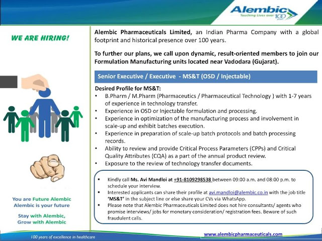 Alembic Pharmaceuticals Hiring For MS&T Position