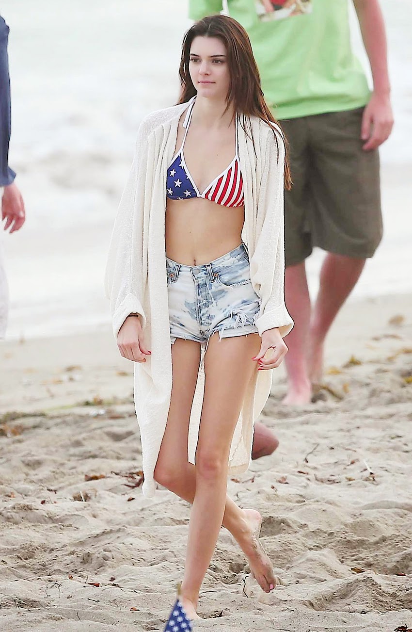 Street Style Idea Kendall Jenner Wearing Denim Short And Flag