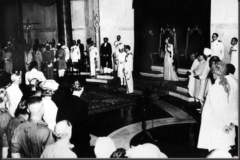 Pandit Jawaharlal Nehru being sworn in as Prime Minister of India at the Viceroy's House in New Delhi on August 14, 1947 midnight by Lord Mountbatten, the Viceroy