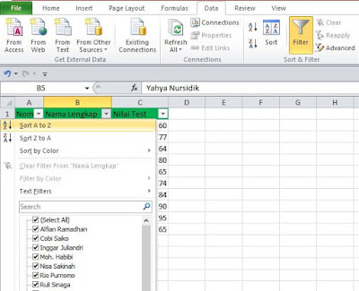 mengurutkan nama di excel