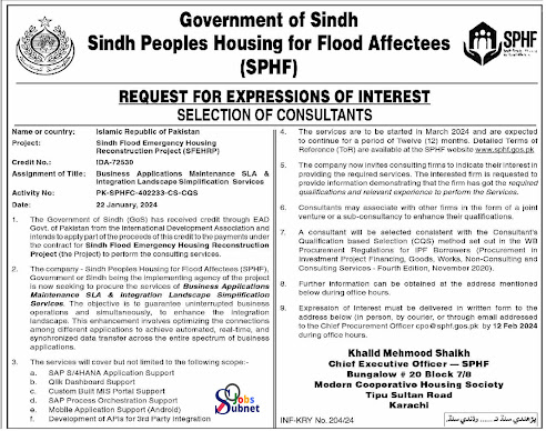 Sindh Peoples Housing For Flood Affects SPHF Jobs 2024