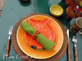 Fall tablescape, owl plate, orange, gold