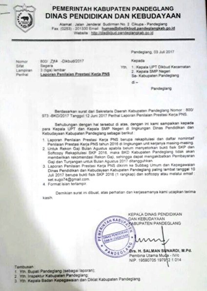 SURAT PEMBERITAHUAN UNTUK SEGERA LAPORAN PENILAIAN KINERJA PNS JANUARI - DESEMBER 2016