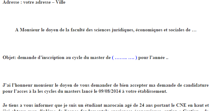 Un exemple de demande manuscrite adressée à monsieur le 