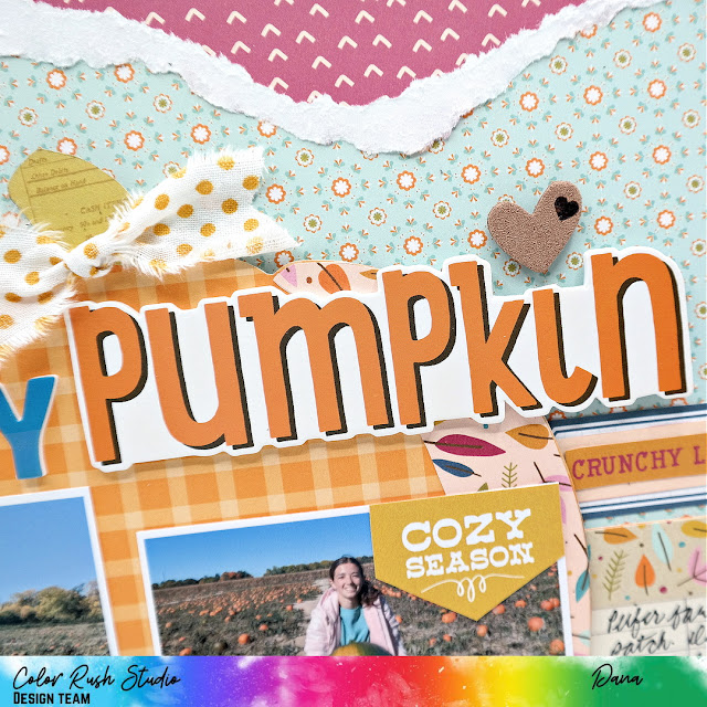 Bold Hey Pumpkin Fall scrapbook layout created with the Simple Stories Harvest Market collection and Color Rush Studio textured embellishments.