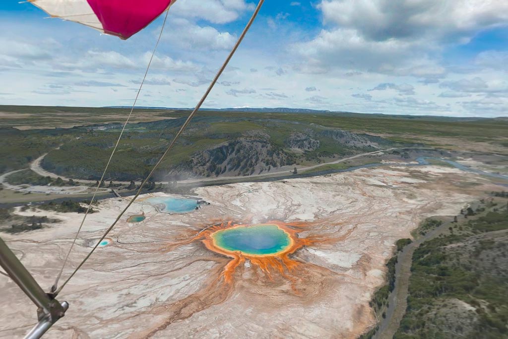 Virtually hang-gliding over Yellowstone's Grand Prismatic Spring.