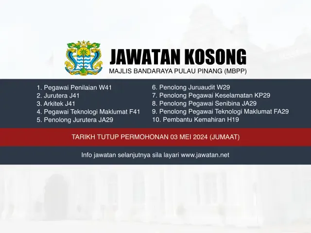 Jawatan Kosong Majlis Bandaraya Pulau Pinang (MBPP) Mei 2024