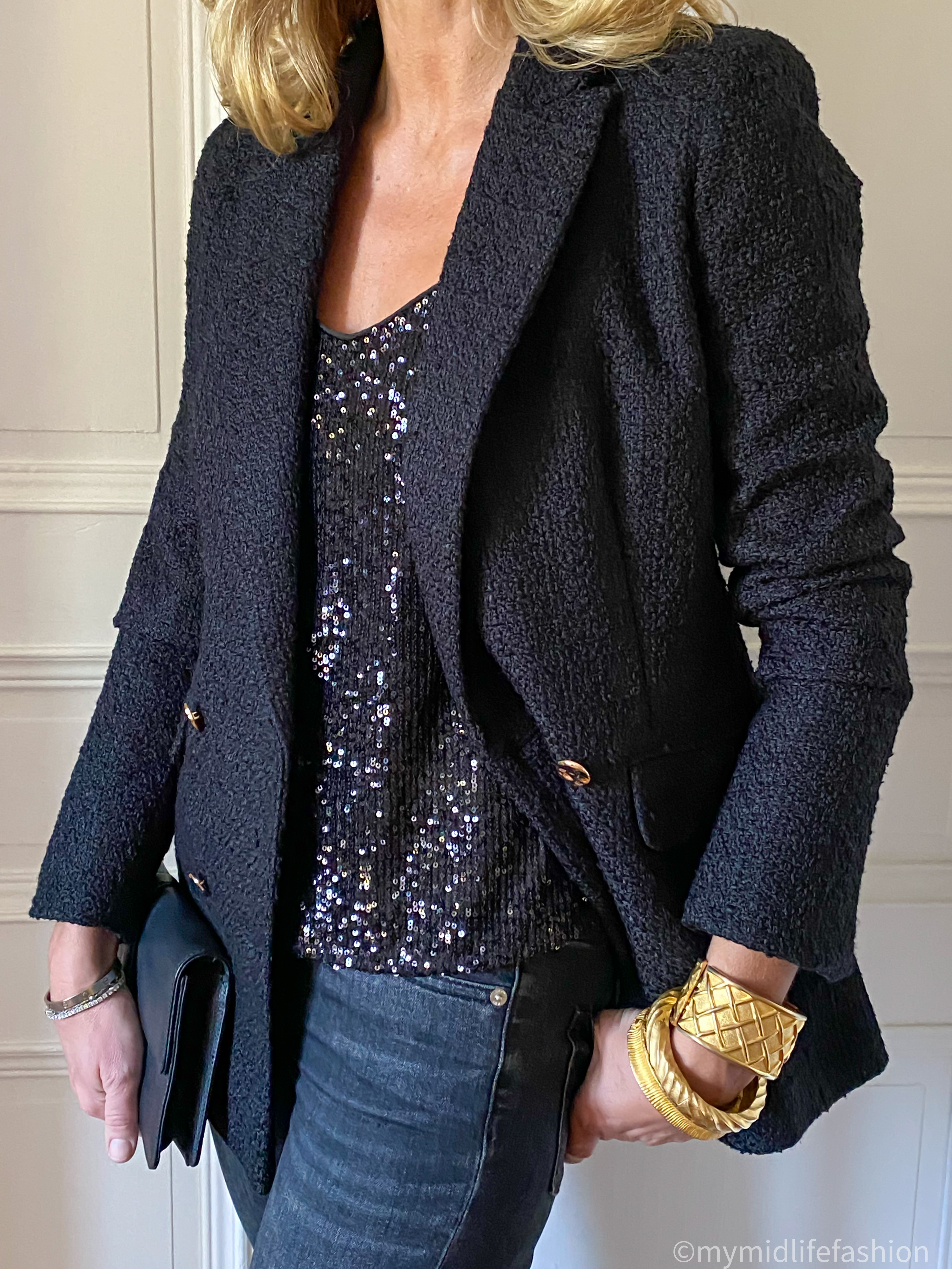 my midlife fashion, phase eight Auden boucle blazer, phase eight ivy sequin camisole, vintage gold bangles, Ralph Lauren clutch