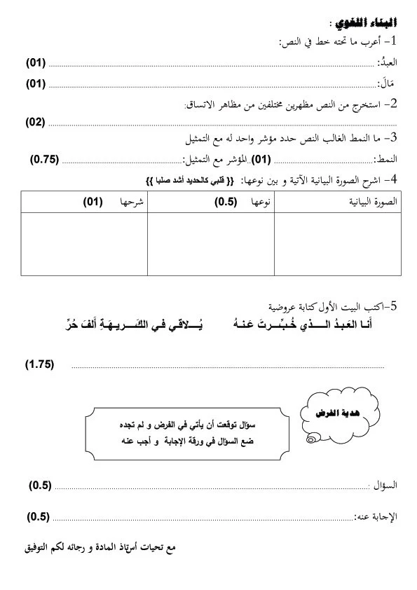 فرض الثلاثي الاول في اللغة العربية وآدابها للسنة 1 ثانوي آداب