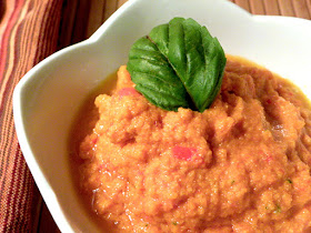 Closeup of Bowl of Red Pepper Soup