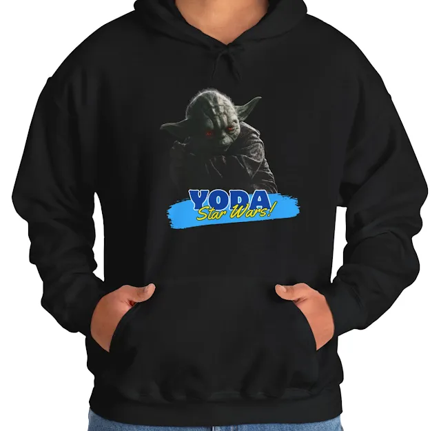 A Hoodie With Star Wars Yoda Vintage Look Holding Thick Wooden Stick and Text Yoda Star Wars