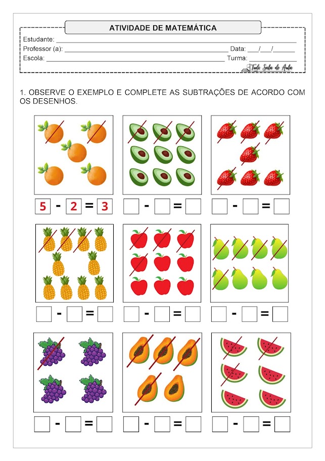 atividades de subtração com desenhos