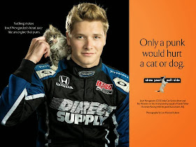 foto Josef Newgarden dan MJ dalam poster anti kekerasan hewan