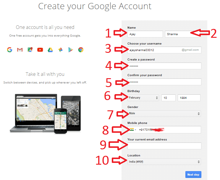 gmail signup form