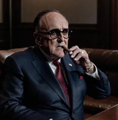 Rudy Giuliani wearing a navy blue suit sitting for the test up smoking a cigar