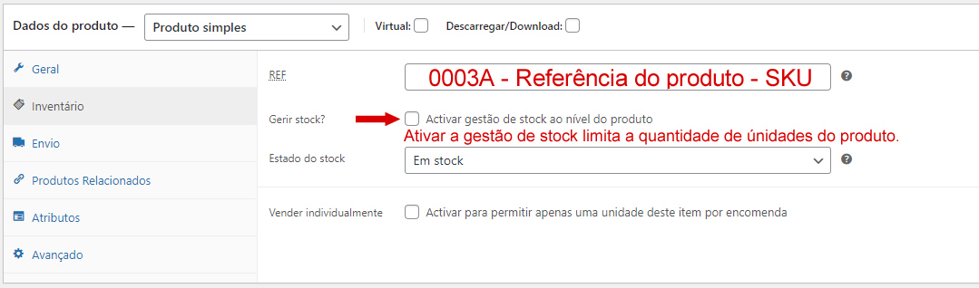 Dados do produto - Inventário