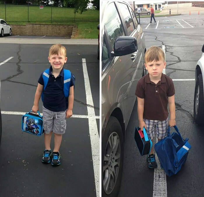 27 Hilariously Adorable Photos Of Children Before And After Their First Day Of School