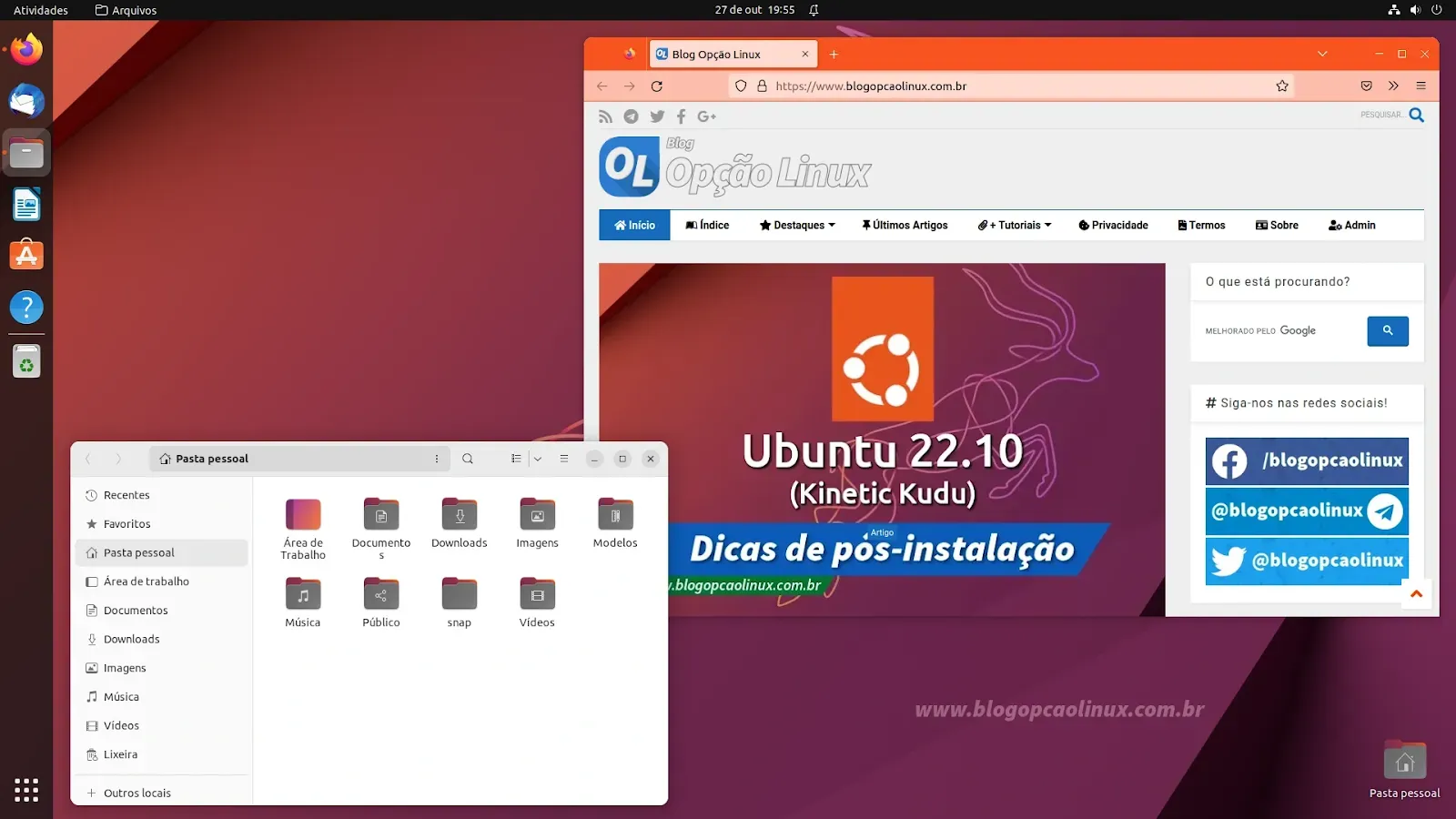 Área de trabalho do Ubuntu 22.10 'Kinetic Kudu' recém-instalado