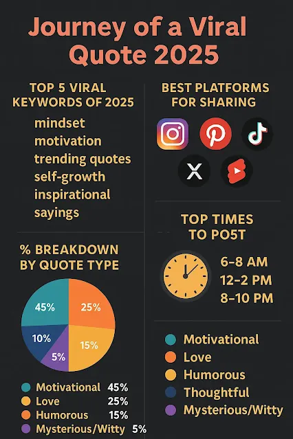 An infographic showcasing the journey of viral quotes in 2025. It highlights the top five viral keywords—mindset, motivation, trending quotes, self-growth, and inspirational sayings—along with the most effective platforms for sharing quotes: Instagram, Pinterest, TikTok, X, and YouTube Shorts. The graphic also includes a breakdown of quote types by percentage: Motivational (45%), Love (25%), Humorous (15%), Thoughtful (10%), and Mysterious/Witty (5%). Additionally, it suggests the best posting times—6-8 AM, 12-2 PM, and 8-10 PM—for maximum engagement