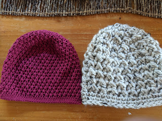 View of both the Easy Crossed Over Beanies - free crochet pattern info from Sweet Nothings Crochet