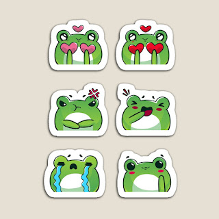 Set of 6 Cute Kawaii Frog face stickers. Green. Showing emotions of love, sad, and anger.