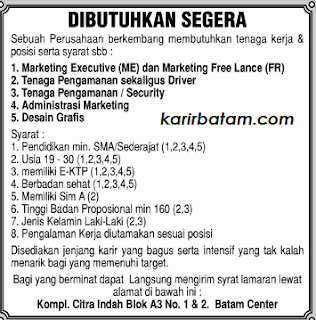 Lowongan Kerja Marketing Executive serta Administrasi Batam