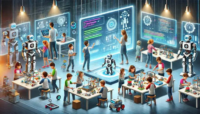 لأطفال وهم يتعلمون الروبوتيك في بيئة تعليمية حديثة ومبتكرة