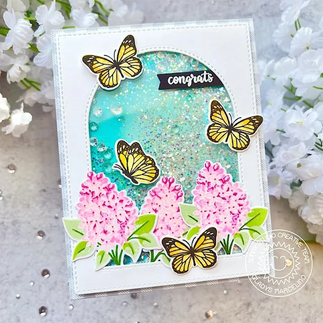 Sunny Studio Stamps: Watering Can Card by Gladys Marcelino (featuring Lovely Lilacs, Stitched Arch Dies)