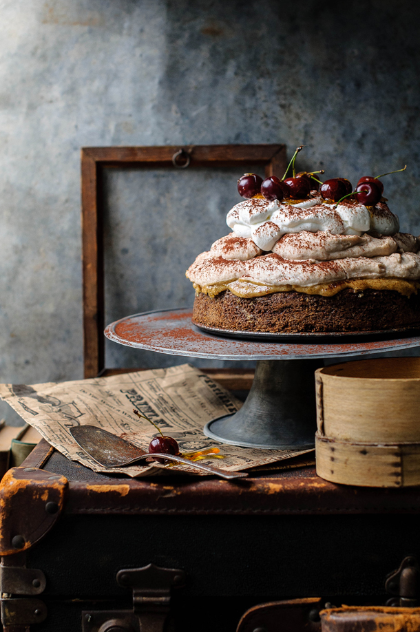 Chestnut mousse cake with sour cherries dipped in caramel