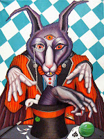 Paint Yonni-Gagarine : Acrylic 40x60 rabbit magician hat dead hand ace of spade card third eye dove death 