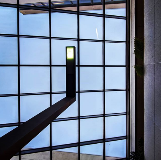 Portland, Maine USA December 2019 Photo by Corey Templeton. Looking up at Light and Skylight at the Portland Public Library main branch in Monument Square. 