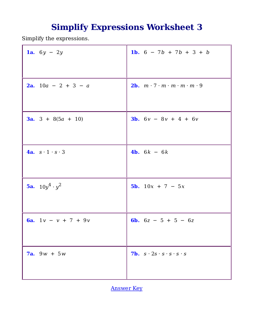 Worksheets for simplifying expressions Worksheets for simplifying expressions